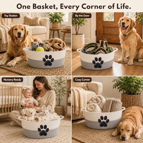 Dog Toy Basket with Handles, Grey Cotton Rope Storage Bin Organizer - color: Grey/White
