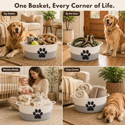 Dog Toy Basket with Handles, Grey Cotton Rope Storage Bin Organizer - color: Grey/White