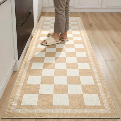 Vasofe 2x6 Runner Rug for Hallway, Checkered Jute Runner Rugs, Washable Rug - color: Khaki & White, size: 2' x 6' (Rectangular)