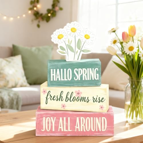 Spring Decoration Wooden Tiered Tray Decor – Rustic Hallo Spring Stacked Block Sign with Daisy Flower Topper – Farmhouse Tabletop Spring Decor for Living Room Shelf Kitchen Coffee Bar Seasonal Home Display - style: Hallo Spring