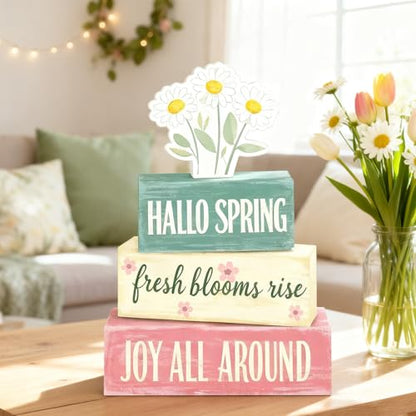 Spring Decoration Wooden Tiered Tray Decor – Rustic Hallo Spring Stacked Block Sign with Daisy Flower Topper – Farmhouse Tabletop Spring Decor for Living Room Shelf Kitchen Coffee Bar Seasonal Home Display - style: Hallo Spring