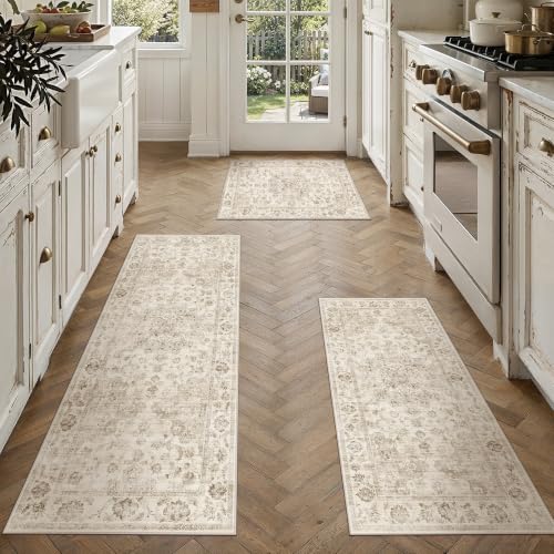 3 Piece Beige Neutral Kitchen Rug Set - color: Neutral | Beige, size: 24"x36"+24"x48"+24"x60"