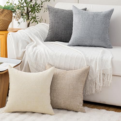 Pack of 4 Throw Pillow Covers 18x18” Boho Cushion Covers for Living Room - color: Beige/Dark Gray, size: 18" x 18" (Pack of 4)