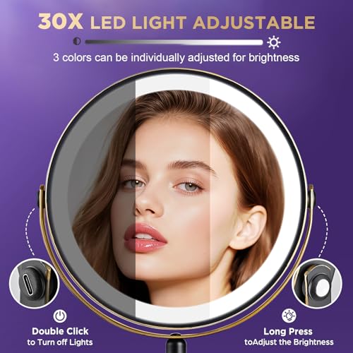30x Magnifying Mirror with Light, Matte Black with Gold Trim - color: Matte Black With Gold Trim