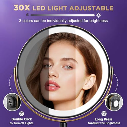 30x Magnifying Mirror with Light, Matte Black with Gold Trim - color: Matte Black With Gold Trim