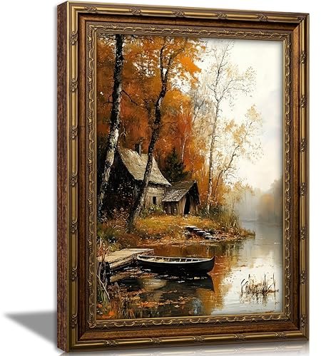 Vintage Gold Framed Wall Art, Autumn Lake Cabin with Boat Oil Painting Print, Rustic Fall Landscape Decor for Living Room, Bedroom, Cabin, Ready to Hang - color: Lakeside, size: 24"L x 16"W