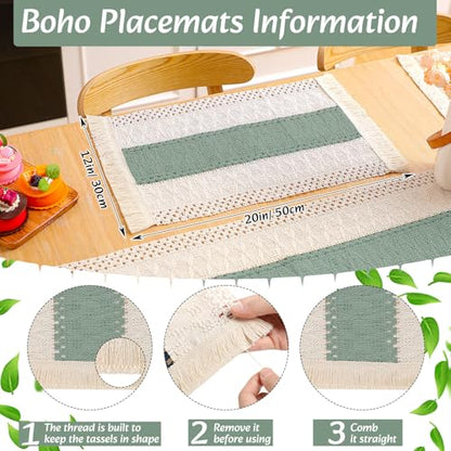 Boho Table Runner and Placemats Set, 6 Sets, Green, 12x72 - color: Green, size: 12x72"