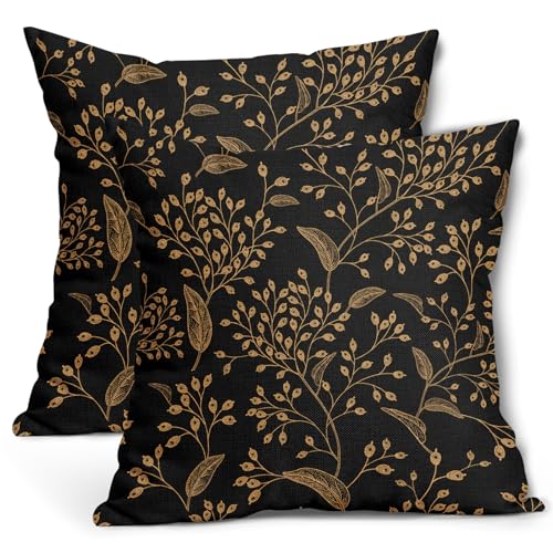 Boho Pillow Covers 20X20 Inch Set of 2 Black Gold Floral Leaves Decorative Pillow Cases Vintage Flower Leaf Cotton Linen Cushion Case Farmhouse Home Decor for Sofa Couch Porch Outdoor - color: Gold Leaf, size: 20" x 20" (Pack of 2)