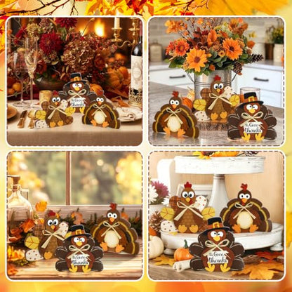 3 Pcs Thanksgiving Decorations for Home Wooden Turkey Table Centerpiece Rustic Wood Signs Block Harvest Tabletop Fall Decor Indoor Tiered Tray Office Desk Shelf Mantel Kitchen Autumn Party Supplies