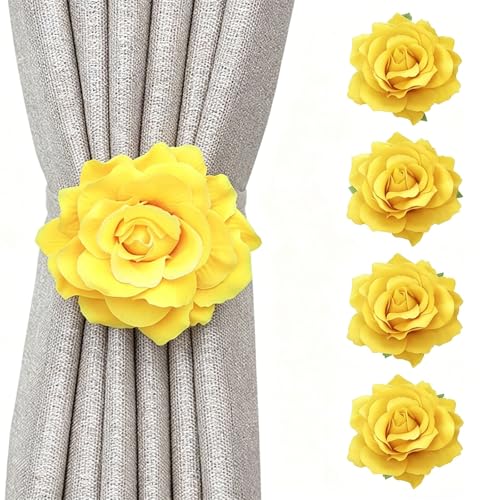 Magnetic Curtain Tiebacks, Rose Flower Tie Backs Rope for Curtains, Elegant 4 Pack Decorative Holdbacks Holders, Home Decor Thin or Sheer Window Drapries Bed Canopy (Yellow) - color: Yellow -4 Pack