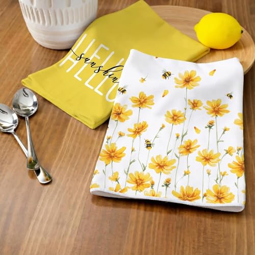 GEEORY Kitchen Towels for Spring Summer Decor Yellow Daisy Dish Towels 18 x 26 Inch Ultra Absorbent Bar Drying Cloth Hello Sunshine Hand Towel for Kitchen Bathroom Party Home Decorations Set of 2