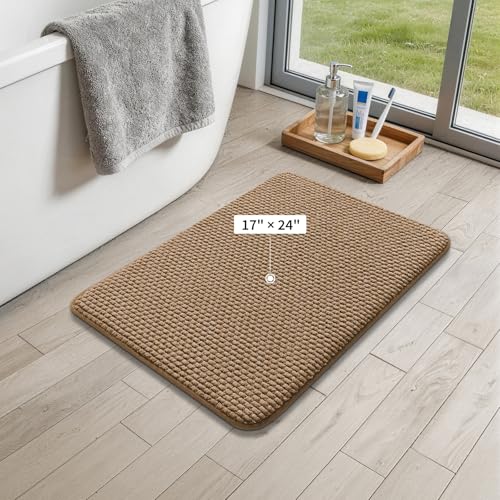 YIHOUSE Bathroom Rugs 17x24, Extra Thick Soft Absorbent Chenille Bath Rug Non-Slip Quick Dry, Machine Washable Bath Mats for Bathroom, Floor, Tub and Shower, Home Decor, Beige - color: Brown, size: 17" x 24"