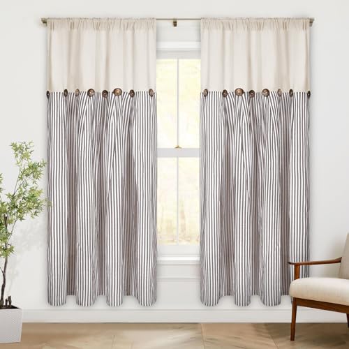 ASPMIZ Cotton Linen Farmhouse Curtains Boho Rustic Button Panel, Country Window Curtain Panels, Brown Stripe Modern Curtains for Living Room, Back Tab & Rod Pocket Curtain 52 x 63 Inch, 2 Panels - color: Beige&brown, size: 52"W x 63"L (Pack of 2)