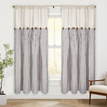 ASPMIZ Cotton Linen Farmhouse Curtains Boho Rustic Button Panel, Country Window Curtain Panels, Brown Stripe Modern Curtains for Living Room, Back Tab & Rod Pocket Curtain 52 x 63 Inch, 2 Panels - color: Beige&brown, size: 52"W x 63"L (Pack of 2)