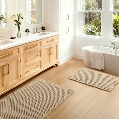 JIUZHEN Set of 2 Waffle Bath Mats Boho Bath Rugs 16"x24"+20"x32", Brown - color: Brown, size: 16"x24" + 20"x32"
