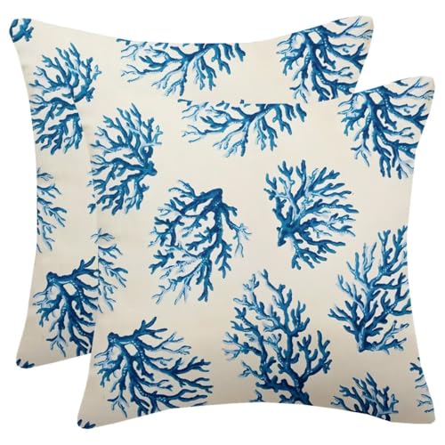 Navy Blue Coastal Throw Pillow Covers 18 X 18 Inch Set of 2, Summer Beach Sea Coral Pillow Covers Decorative Outdoor Pillowcase Linen Square Nautical Cushion Cover for Bedroom Living Room Sofa - color: Navy Blue Coral, size: 18" x 18" (Pack of 2)