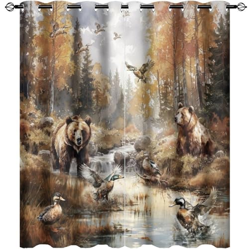Cabin Fall Forest Bear Curtains for Bedroom Rustic Vintage Farmhouse Autumn Woodland Wildlife Pheasants Print Blackout Curtains Thermal Insulated Room Darkening Grommet Wondow 2 Panels 54"L x 21"W - color: Cabin Fall Forest Bear, size: 42"W x 54"L (Pack o