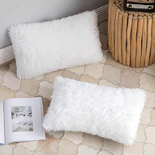 ANRODUO Plush Decorative Throw Pillow Covers White 12x20 Inch Pack of 2 - color: White, size: 20" x 12" (Pack of 2)
