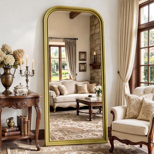 71"x32" Full Length Mirror with Stand, Arched PU Frame - color: Antique Gold