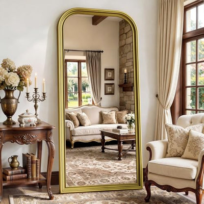 71"x32" Full Length Mirror with Stand, Arched PU Frame - color: Antique Gold