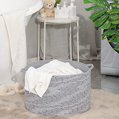 KAKAMAY Large Blanket Basket (20"x13"),Woven Baskets for storage Baby Laundry Hamper, Cotton Rope Blanket Basket for Living Room, Laundry, Nursery, Pillows, Grey with Blue & Brown Dotted - color: Grey Dot
