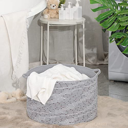 KAKAMAY Large Blanket Basket (20"x13"),Woven Baskets for storage Baby Laundry Hamper, Cotton Rope Blanket Basket for Living Room, Laundry, Nursery, Pillows, Grey with Blue & Brown Dotted - color: Grey Dot