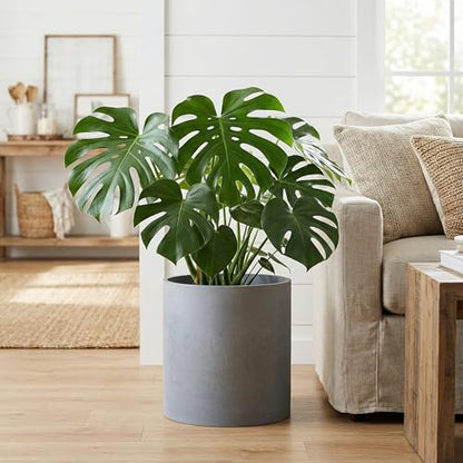 FaithLand 12 Inch Fiberstone Planter - Lightweight Modern Cylinder Plant Pot with Drainage Hole & Plug, Authentic Concrete Look, Gray - color: Gray, size: 12 Inch