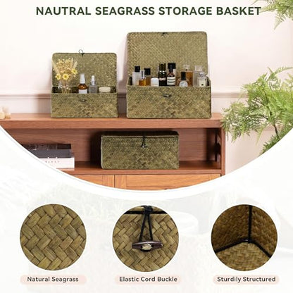 Nonam Seagrass Storage Basket with Lid, Set of 3, Dark Moss Green - color: Dark Moss Green * Set of 3