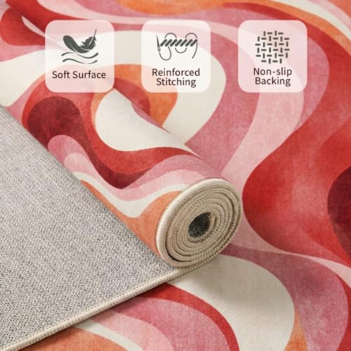 6x9 Pink and White Modern Abstract Wavy Washable Area Rug - color: Pink/White, size: 6' x 9' (Rectangular)