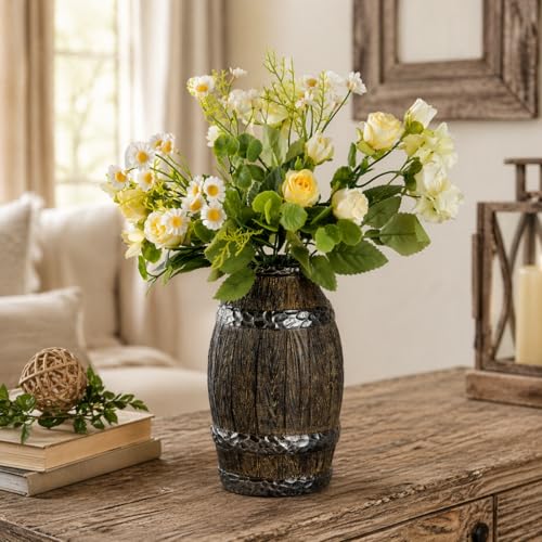 Rustic Barrel Vase for Home Decor, Farmhouse Tabletop Flower Vase, Vintage Wooden-Look Decorative Vase for Living Room, Bedroom, Entryway, Shelf, Mantel Centerpiece