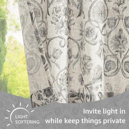 jinchan Linen Floral Kitchen Tier Curtains 30 Inch 2 Panels Grey on Beige - color: Classic | Grey on Beige, size: 26"W x 30"L (Pack of 2)