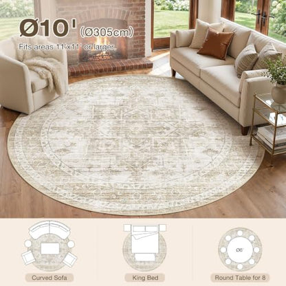 10ft Round Rugs for Living Room: Washable Neutral Beige Area Rug - color: Beige, size: 10' (Round)