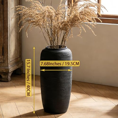 Black Rustic Ceramic Floor Vase, 15.7 Inch, Ribbed Texture - size: 15.7 Inch