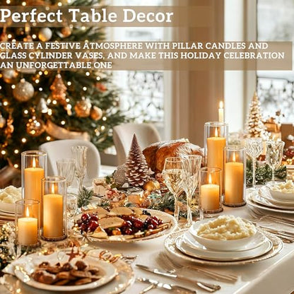 24 PCS White Pillar Candles with Glass Candle Holders Clear Hurricane Candle Holders Glass Cylinder Vases for Centerpieces Wedding Party, Event, Home Decor Ivory White