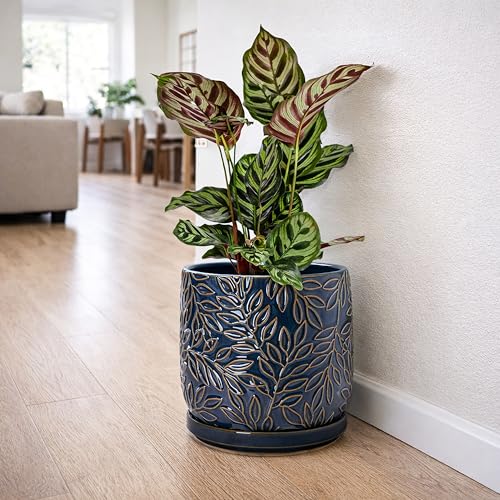 D'vine Dev Embossed Leaves Ceramic Planter, 8 in, Midnight Blue, 27-A-Q-3 - color: Midnight Blue, size: 8 Inch