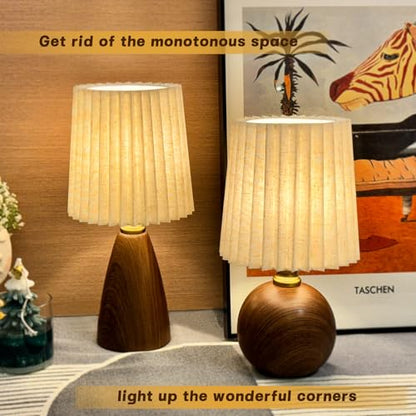 Small Pleated Table Lamp for Bedroom, Bedside Lamps for Nightstand, Dimmable Desk Lamp Ceramic Wood Grain Base Round Flaxen Fabric Shade for Living Room, Kids Room, LED Bulb Included (Modern) - style: Modern