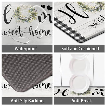 MAYHMYO Black White Checkered Kitchen Mats for Floor,Anti Fatigue Cushioned - color: Wreath