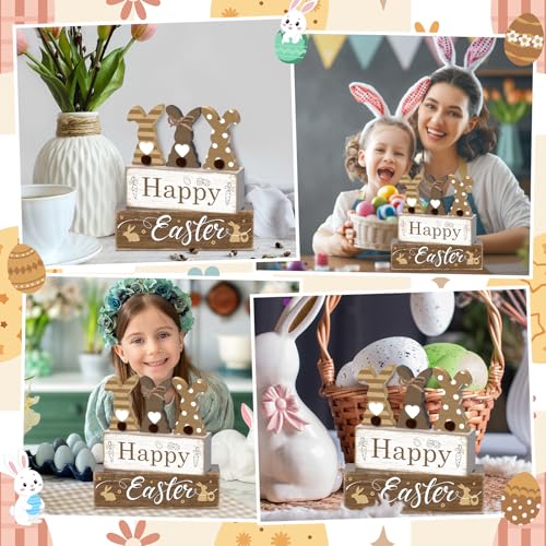 Britimes Tiered Tray Decor Set, 4 Pack, Wooden Table Sign, Bunny Easter - style: Happy Easter