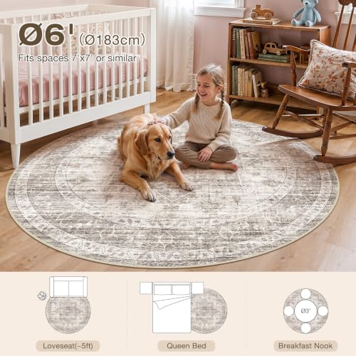 6ft Round Rugs for Living Room: 6x6 Washable Neutral Brown Area Rug - color: Brown, size: 6' (Round)