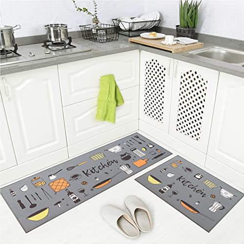 Carvapet 2 Piece Doormat Runner Set Grey Washable Microfiber Mats - color: Grey