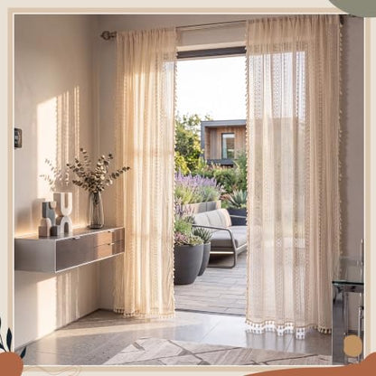 2 Panels Light Beige Boho Sheer Curtains 59" W x 84" L