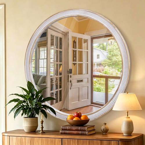 30 Inch Wooden Round Mirror for Wall Decor, Rustic Distressed Mirrors - color: B - 30 in