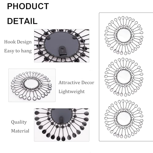 Black Mirrors 3 Piece,Sunburst Mirror Hanging Wall Decor,9inch indoor Adorn - color: Black- C