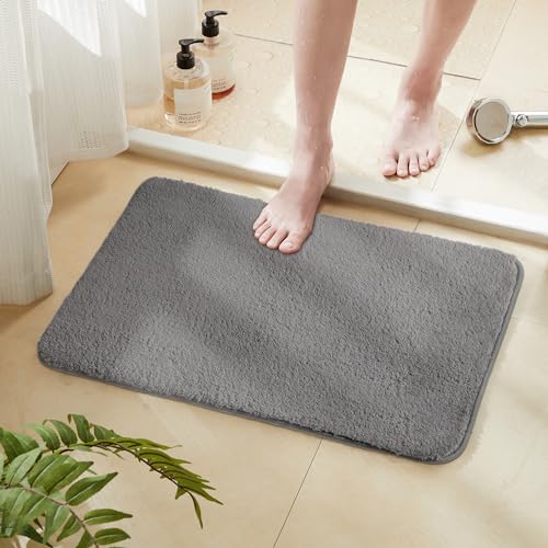 TECHMILLY Shaggy Bathroom Rug Mat 32x20, Absorbent Thick Non Slip Microfiber Mats, Quick Dry Machine Washable Bath Rug for Bathroom Floor, Bathtub and Shower, Gray - color: Light Grey, size: 1'8" x 2'8" (Rectangular)
