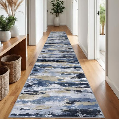 Abstract Washable Runners for Hallway 2x12 Runner Rug Non Slip - color: Navy / Blue / Taupe, size: 2' x 12' (Runner)
