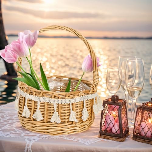 WRINGKIT 2 Pack Flower Girl Basket, Decorative Silk Petal, Small Boho Style