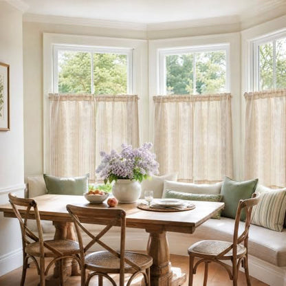 jinchan Linen Striped Tier Curtains for Kitchen Windows Boho - color: Boho Taupe | on Beige, size: 26"W x 24"L (Pack of 2)