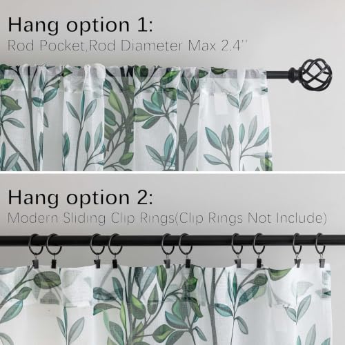 Green Leaves Sheer Curtains for Living Room 63 Inch Length 2 Panels - color: Leaf | Green, size: 50"W x 63"L (Pack of 2)