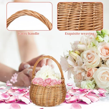 MAGICLULU Wicker Flower Basket with Handle Small Willow Woven Wedding Girl Basket for Candy Picnic Petals Rattan Storage Bin for Home Garden Decor, 8.66 x 6.10In, Light Brown