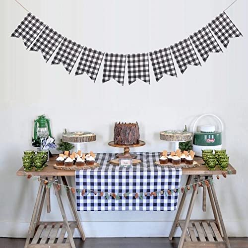 Buffalo Check Plaid Banner for Christmas Mantel Decorations | Black and White Gingham Bunting Garland, Autumn Baby Shower Birthday Party Supplies